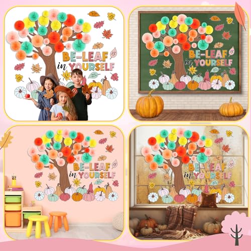 Gersoniel 81 Pcs Fall Tree Bulletin Board Decorations Be Leaf in Yourself Classroom Tree Bulletin Board Motivational Boho Pumpkin Cutouts 3D Paper Fans Crafts Thanksgiving Fall Harvest Wall Decor - style: Pastel