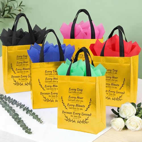 LUAVIARU 40 Pcs Bible Verse Christian Gift Bags Set – 20 Gold Reusable Gift Bag with Handles & 20 Tissue Paper, Religious Gift Bag for Church Events, Baptism, Easter, Communion, Congratulations - color: Golden, size: 20