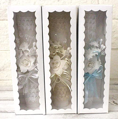 Baptism Candle with Flowers Crystals Cross Lace Ribbon, White - color: White