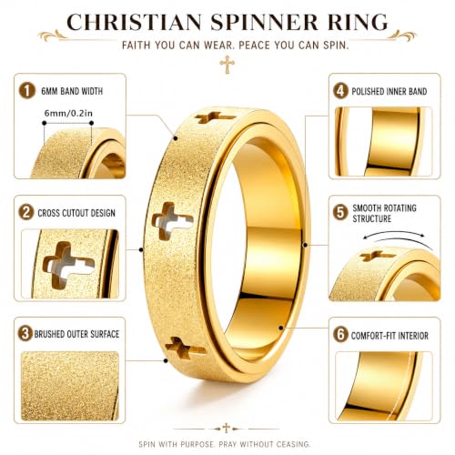 Christian Spinner Fidget Cross Prayer Band Ring - color: Hollow Cross Gold