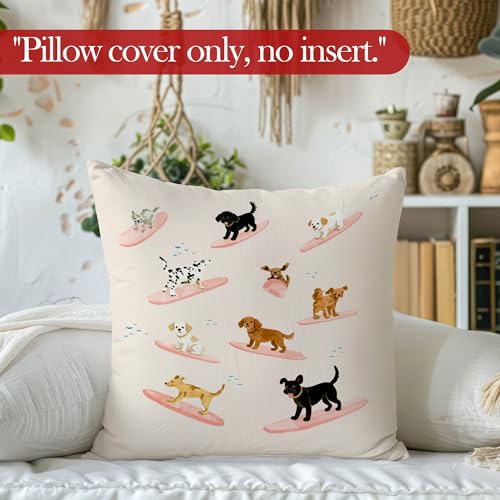 Funny Dog Surf Throw Pillow Cover, Dog Lover Gifts for Women Men, Whimsical Surfing Puppy Decorative Pillowcases Cushion Cases for Home Bedroom Living Room Decor, 18x18 Pillow Cover - color: Animal_7