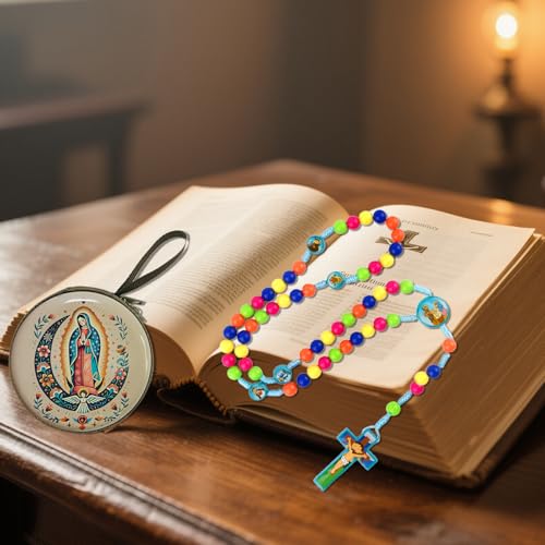 Rosary Beads Rosarios Catolicos, Colorful Plastic with Blue and Red Pendant Crosses, Pocket for Women with Rosary Box, Baptism Easter Gifts - color: Blue, style: F