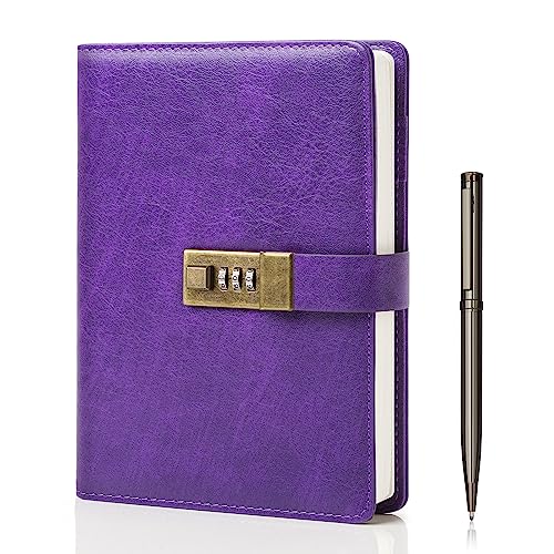 WEMATE Diary with Lock, A5 PU Leather Journal with Lock 240 Pages Purple - color: Purple