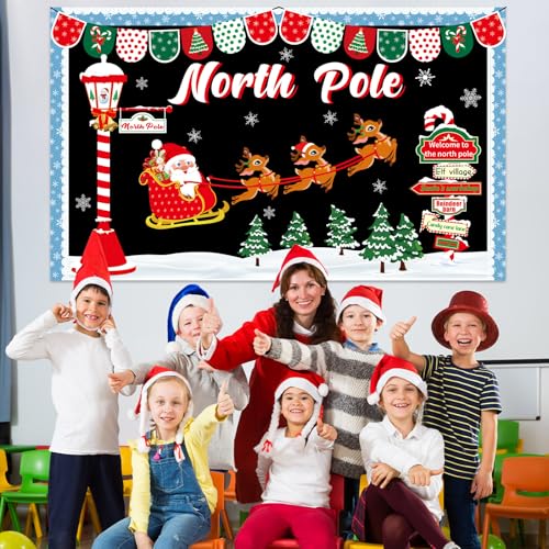 Christmas Bulletin Board Decoration Set North Pole Sign Classroom Decorations Santa Reindeer Xmas Elk Snowflakes Paper Cutouts for Winter Holiday Party School Classroom Home Chalkboard Wall Decor - style: Christmas