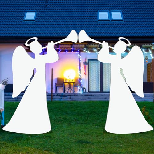 Barydat 2 Pcs 35'' Christmas Angels Outdoor Decoration Large Trumpeting Angel Nativity Scene Yard Sign Religious PVC Waterproof Decor with Stake for Yard Garden Lawn Christmas Home Patio Outdoor