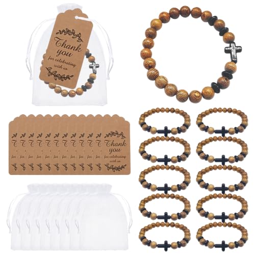 12 Set Wooden Beads Cross Bracelet for Men, Adjustable Christian Bracelet with Organza Bags Tags for Faith Religious Gifts