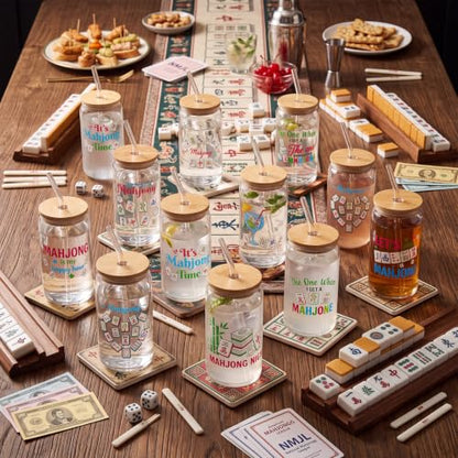 Teenyyou 12 Set of Mahjong Glass Cup with Bamboo Lid and Glass Straw 16oz Mahjong Glasses Jar Summer Drinking Cups Beer Iced Coffee Cup Tumbler Mugs for Women Men Birthday Party or Game Night Gifts - style: Mahjong