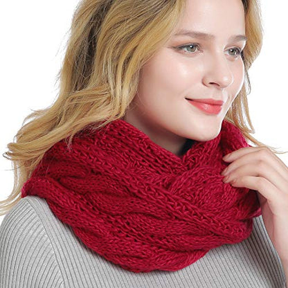 Winter Women Thick Cable Knit Ribbed Infinity Circle Loop Scarf - color: 12- Red