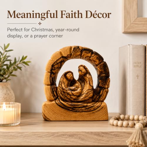 Zuluf Olive Wood Bethlehem Grotto Nativity Statue 3.7 Inch, Hand-Carved Cave of the Nativity Sculpture with Mary Joseph and Baby Jesus, Catholic Manger Scene Christmas Pilgrim Souvenir Gift - color: 3.7" Arch Nativity