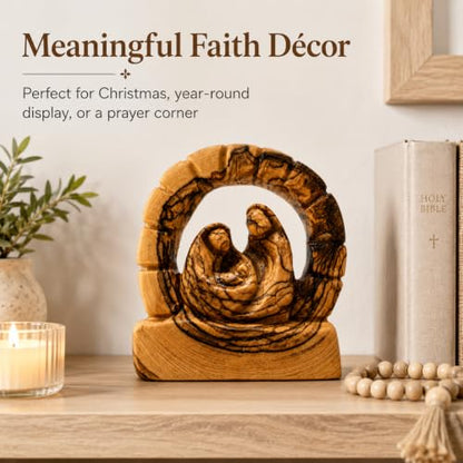 Zuluf Olive Wood Bethlehem Grotto Nativity Statue 3.7 Inch, Hand-Carved Cave of the Nativity Sculpture with Mary Joseph and Baby Jesus, Catholic Manger Scene Christmas Pilgrim Souvenir Gift - color: 3.7" Arch Nativity