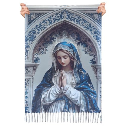 Virgen de Guadalupe Prayer Shawl Scarf Catholic Gifts For Women Mom Mexican Virgin Mary Scarves Wrap (Blue)