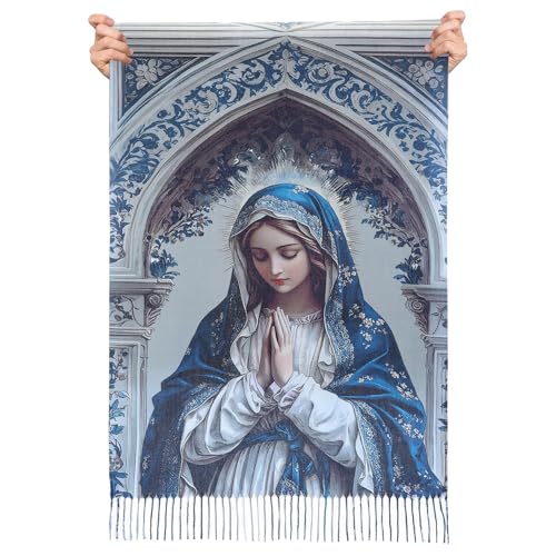 Virgen de Guadalupe Prayer Shawl Scarf Catholic Gifts For Women Mom Mexican Virgin Mary Scarves Wrap (Blue)