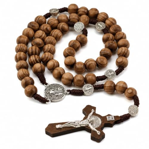 Wooden Rosary Beads, Rosarios Catolicos with Metal Cross for Men & Women - color: Pine Brown