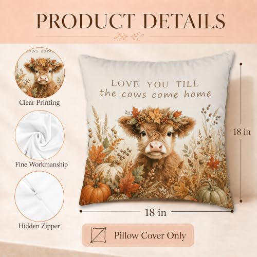 Rustic Fall Highland Cow Throw Pillow Cover 18x18 Inch - color: Highland Cow-6