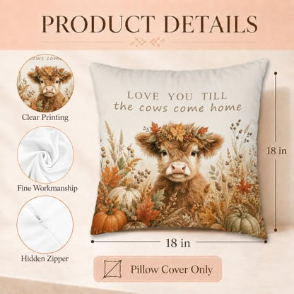 Rustic Fall Highland Cow Throw Pillow Cover 18x18 Inch - color: Highland Cow-6
