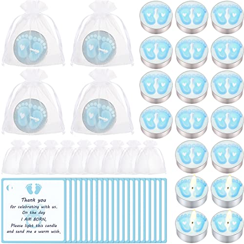 Treela 20 Sets Baby Shower Favor Blue Tea Light Candles Organza Bag Cards - color: Blue