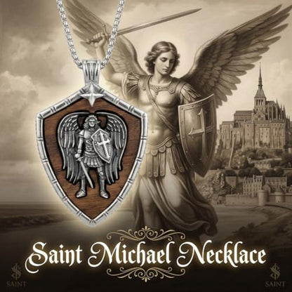 ONEFINITY Wooden Necklace Viking Wolf/St Benedict Medals/St Michael/Crucifix/St Christopher Pendant Necklace for Men Archangel Amulet Wooden Religious Jewelry Gifts for Men Women - style: St Michael-Shield