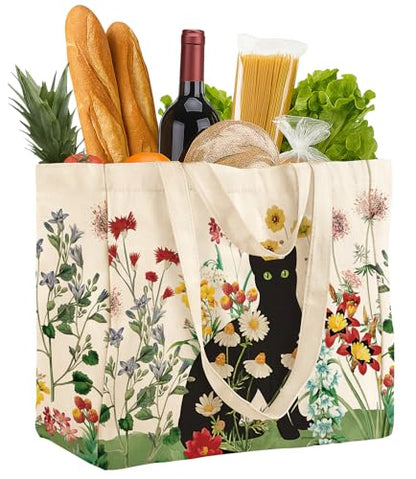 Miss Adola Cute Extra Large Canvas Grocery Tote Bag - color: Black Cat