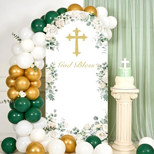 Sage Green God Bless Arch Backdrop Cover 6.1ft x 2.6ft Floral Stretch Fabric Arch Stand Cover for God Bless Party Boy Girl Religious Celebration Church Event Decor Washable Reusable - color: sage green gold bles