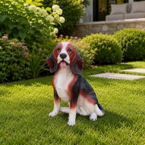 Realistic Sitting Beagle Dog Garden Statue - color: Black, White, Grey