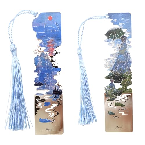 2 Metal Bookmarks with Tassel, Oil Painting Woman with a Parasol and Impression Sunrise - style: 《Woman with a Parasol》 and 《Impression Sunrise》