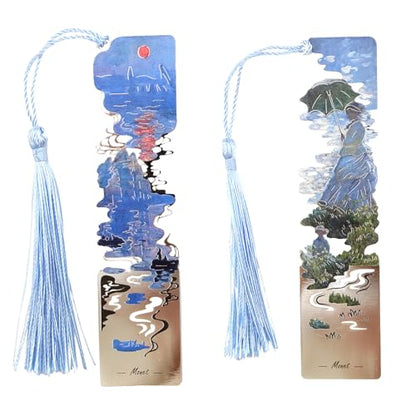 2 Metal Bookmarks with Tassel, Oil Painting Woman with a Parasol and Impression Sunrise - style: 《Woman with a Parasol》 and 《Impression Sunrise》