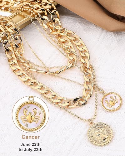 MJartoria Layered Necklaces for Women Trendy Retro Coin Pendant - color: Golden, style: Zodiac-Cancer-3PCS Layered