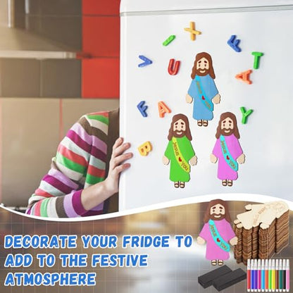 Blueweenly 24 Sets Sunday School Craft Wood Jesus Magnet Kit for DIY
