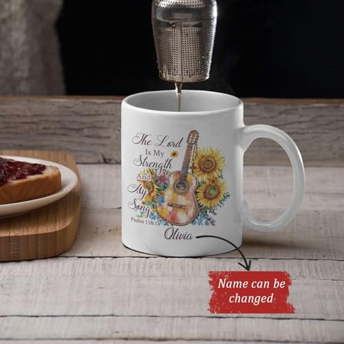 Religious Cup, Sunflowers And Guitar Design Mug, Personalized Name Christian Coffee Cup, Custom Bible Verse Mug 11oz 15oz, Customized Christian Themed Ceramic Cup, Gift For Friend Coworker - color: HOA-624-2165-MY STRENGTH AND SONG MUG