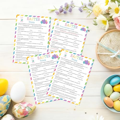 Easter Trivia Party Game, 25 Pcs Easter Bunny Quiz Cards for Group Party Activities Favors, Religious Game for Sunday School Family Party Activities Favors