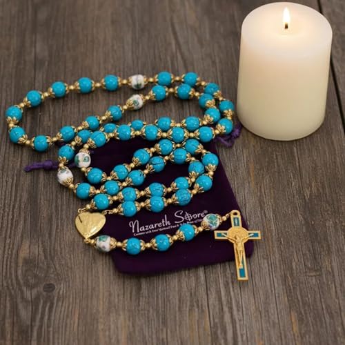 Nazareth Store Saint Benedict 10mm Glass Rosary Beads Catholic Necklace Flowers Mystery Bead Miraculous Medal Locket Cross Prayer Rosarios Catolicos - color: Turquoise