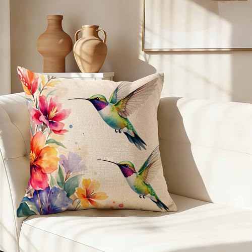 Flying Tropical Bird Throw Pillow Cover,Two Hummingbirds with Vibrant Watercolor Flowers Decorative Pillow Case,Summer Garden Cotton Linen Cushion Case for Home Decor 18 * 18 Inch - color: Settype12