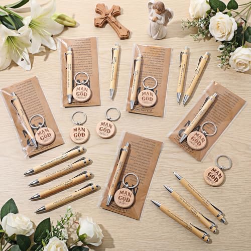 Christian Gift for Father's Day Bulk Man of God Keychain Scripture Bamboo Pen Card Religious Gift for Men Church Appreciation - style: Circular