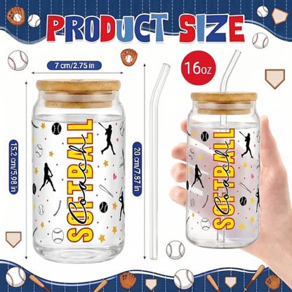 Glass Cups with Lids and Straws, 4Pack, 16oz, Softball Sports - color: Softball