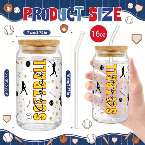 Glass Cups with Lids and Straws, 4Pack, 16oz, Softball Sports - color: Softball