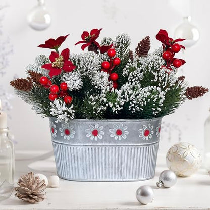 Christmas Centerpiece Table Decorations Artificial Norfolk Pine Branches with Poinsettia Flowers, Pine Cones & Berries in Metal Planter – Xmas Flower Arrangement for Christmas Décor & Dining Table