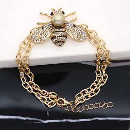 Honey Bee Brooches Crystal Insect Themed Bee Brooch Animal Fashion Shell Pearl Brooch Pin Gold Tone - color: Gold Pearl Chain