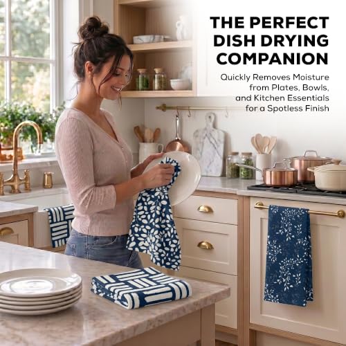 Kitchen Towels, Dish Towels for Kitchen, 3 Pc Kitchen Towel Set - color: Navy/Tan