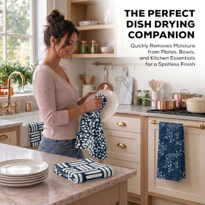 Kitchen Towels, Dish Towels for Kitchen, 3 Pc Kitchen Towel Set - color: Navy/Tan