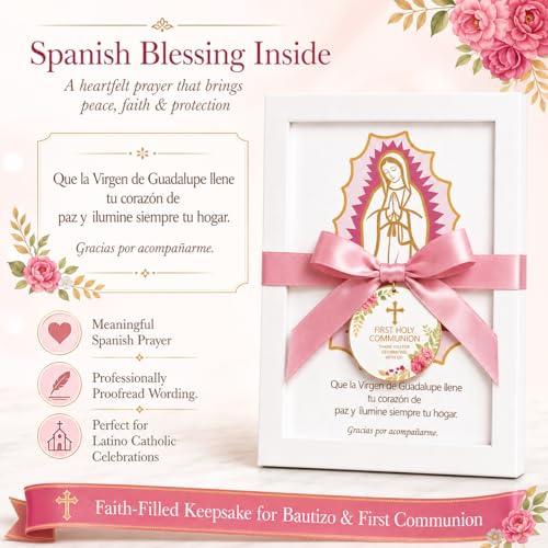 12 Pcs Virgen de Guadalupe First Communion Favors for Guests, Pink Our Lady of Guadalupe Wooden Picture Frames with Satin Bows, Catholic Recuerdos de Primera Comunión, 5.79 x 7.87 in