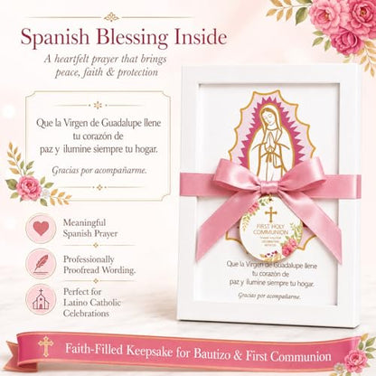 12 Pcs Virgen de Guadalupe First Communion Favors for Guests, Pink Our Lady of Guadalupe Wooden Picture Frames with Satin Bows, Catholic Recuerdos de Primera Comunión, 5.79 x 7.87 in
