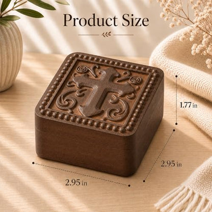 Hand-Carved Wooden Cross Rosary Box, Catholic Gift for Men Women - color: Cross