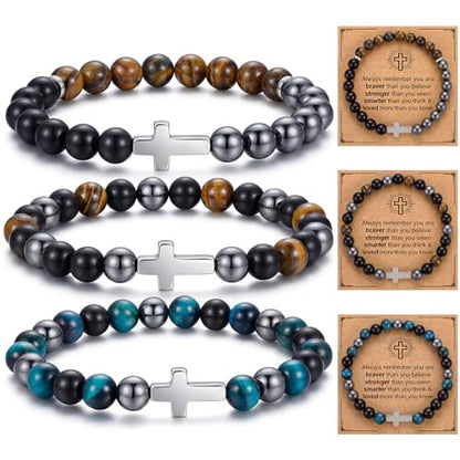 Kingdder 3 Pcs Cross Bracelet Tiger Eye Bracelet for Men 8mm Natural Stone Adjustable Christian Religious Birthday Jewelry - style: Cross