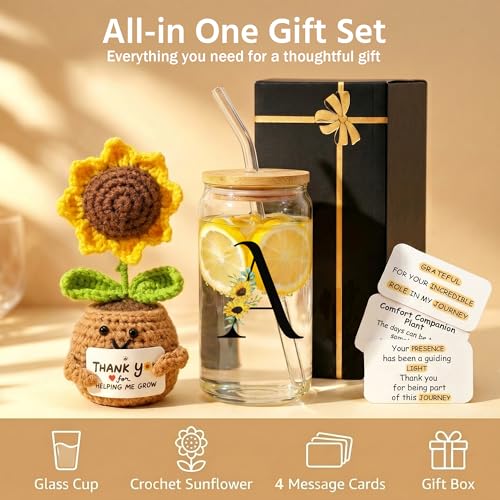 2 in 1 Personalized Glass Drinking Cup and Sunflower Emotional Support Crochet for Big Soul Besite Sister Unique Friend Friendship Christian Law Unbiological Birthday Bonus Adult Funny Inital Gift V - style: Initial-V