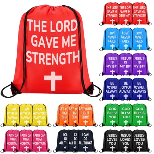 VZZNN 30 Pcs Christian Gifts Drawstring Backpack Bulk Bible Verse Bags Church Supplies String Backpack Cinch Bag Inspirational Religious Jesus Stuff(10 Colors) - color: Style 4