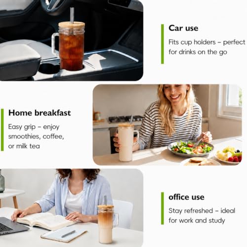 JunVpic Glass Tumbler, 24 oz Ice Coffee Cups with Bamboo Lid and Handle - color: Clear-Ribbed, size: 24oz