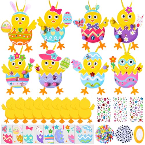 Funrous 48 Sets Crafts Kit Paper Crafts DIY Make Your Own Hanging Ornaments with Pompoms Diamond Stickers for Holiday Classroom Activities Party Favors, Easter Chick - style: Easter Chick