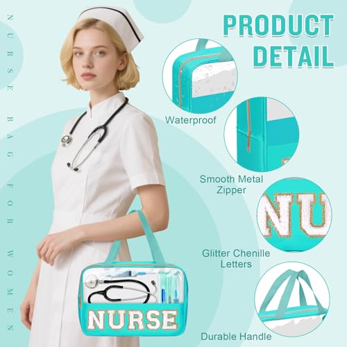 Nurses Week Gifts Chenille Letter NURSE Makeup Bag for Women,Preppy Nurse Cosmetic Pouch Zipper with Handle Nurse Essentials Bag for Work Supplies,Medical Assistant Bag Nursing Students(NURSE-Green) - color: NURSE-Green