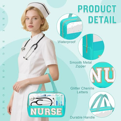 Nurses Week Gifts Chenille Letter NURSE Makeup Bag for Women,Preppy Nurse Cosmetic Pouch Zipper with Handle Nurse Essentials Bag for Work Supplies,Medical Assistant Bag Nursing Students(NURSE-Green) - color: NURSE-Green