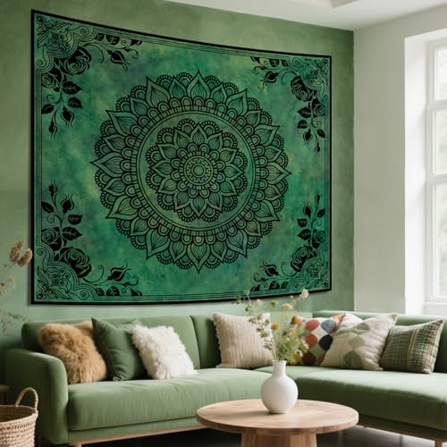 Green Boho Mandala Tapestry for Bedroom, Large Hippie Ceiling Wall Hanging - color: Green Tapestry, size: 60"L x 51"W